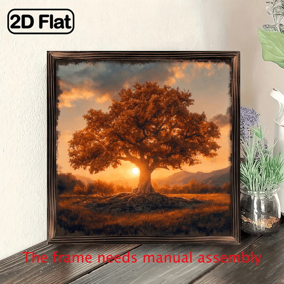 2D Flat, 1pc Retro Woodblock Print Wall Art - 8x8 Inch Autumn Sunset Landscape with Giant Trees at Dusk, Vibrant Orange Golden Nature Scene on Wood Panel, Easy Hang Flat Panel for Home Office
