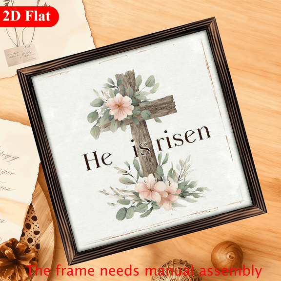 2D Flat, 1pc He Is Risen Vintage Wooden Wall Hanging Sign, 12x12 Inch, Framed, Rustic Easter Decor with Cross and Floral Design, Ideal for Home, Kitchen, Bedroom, Living Room - No Electricity Need