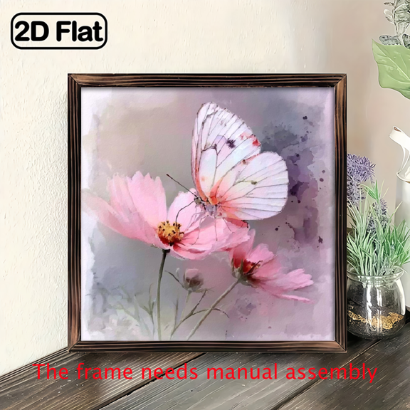 2D Flat, 1pc Romantic Butterfly Floral Wooden Wall Art - 8x8 Inch Rustic Farmhouse Decor with Pink Flowers Butterfly on Soft Pastel Backgrounds, 2D Flat Easy-to-Hang Pre-Drilled Holes, Natural Woo