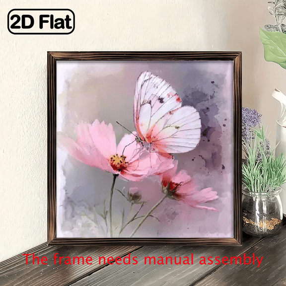 2D Flat, 1pc Romantic Butterfly Floral Wooden Wall Art - 8x8 Inch Rustic Farmhouse Decor with Pink Flowers Butterfly on Soft Pastel Backgrounds, Easy-to-Hang Pre-Drilled Holes, Natural Wood Gr