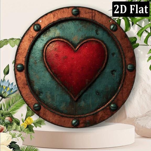 2D Flat - 1pc Romantic Design Metal Sign Distressed Look Round Heart Shape 8x8 Sign - Love Symbol Rustic Metal Wall Art.