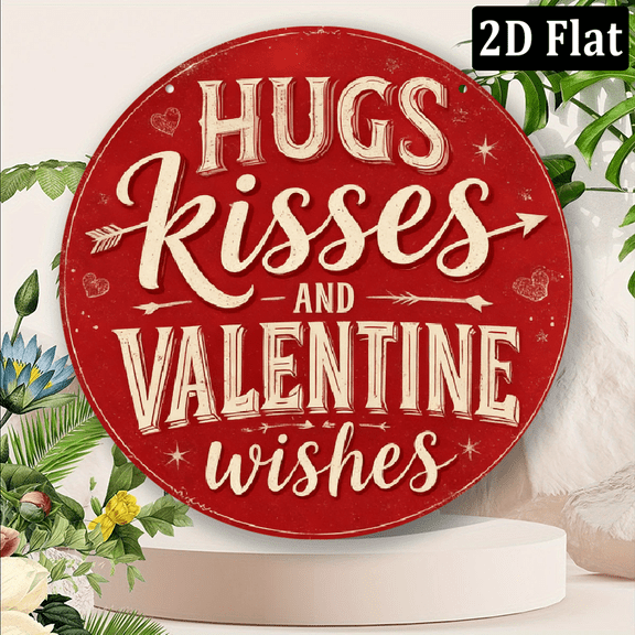 2D Flat, 1pc Romantic Red Round Metal Wall Art Sign, Kisses Valentine'S Wishes with Heart Design, Ideal for Home, Room, Garden, Cafe Decor, 2D Flat Printing, Home Decor.8*8 inch.
