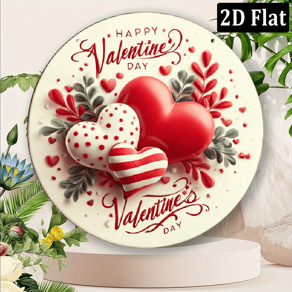 2D Flat, 1pc Romantic Valentine's Day 8x8_ Circular Metal Wall Art - Love-Themed Decorative Signs & Plaques with Hearts Autumn Leaves, Iron Hanging Decor for Home, Bar, Cafe, Kitchen, Perfect for