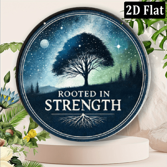 2D Flat, 1pc Rooted in Strength Vintage Aluminum Metal Wall Art - Circular Starry Night Tree Design, IndoorOutdoor Decor for Home, Garden, Office, Cafe, Dorm - Easy Installation, No Power Needed