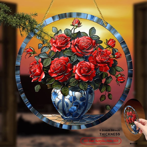 2D Flat, 1pc, Rose Bouquet Suncatchers, Garden Suncatchers, Floral Decor, Valentine'S Wall Art, Romantic Home Decor, Anniversary Gift, Gifts for Flower Lovers, Living Room CWC-Acrylic 8*8inch