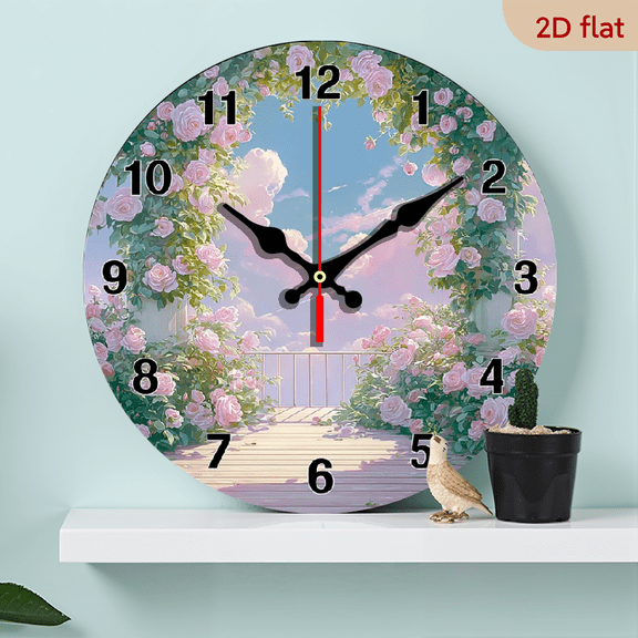 2D Flat, 1pc, Rose stand Backdrop Clock10Inch Wood Veneer Europe and America Style Round Silent Flat Wall ClockAdd Joyful Time to Your Study Or Living Room, Perfect Gif