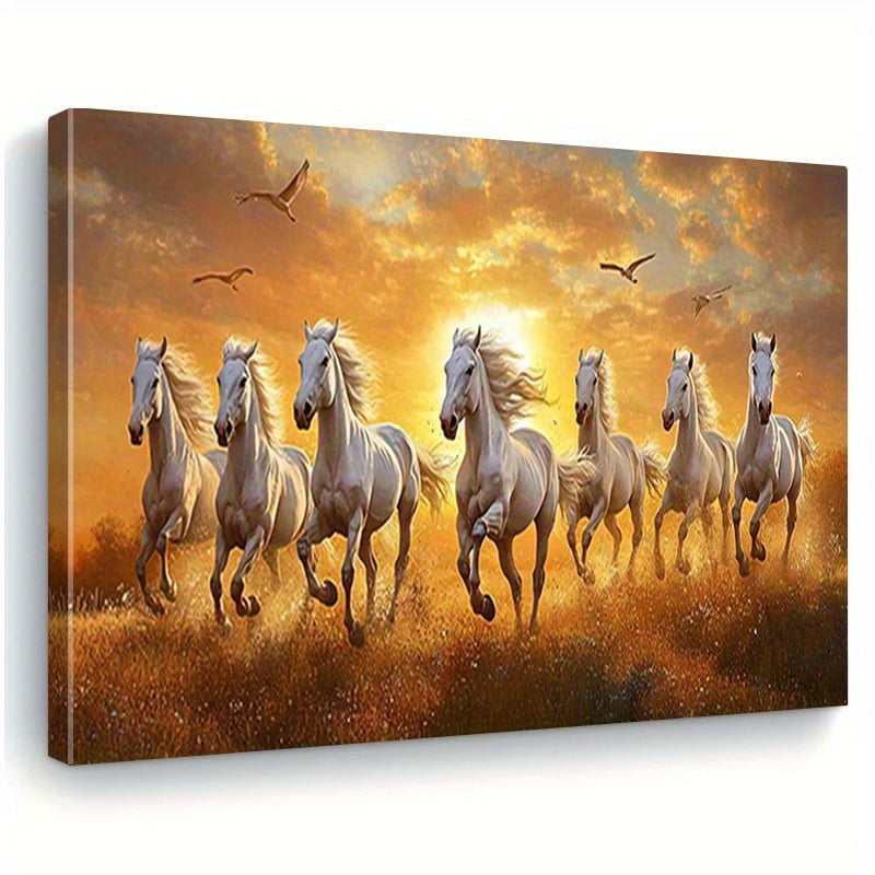 2D Flat, -1pc of Running Seven Lucky White Horses Canvas Wall Art - Wall Painting for Bathroom, Bedroom, Office, Living Room Decoration, Home Decor, Framed