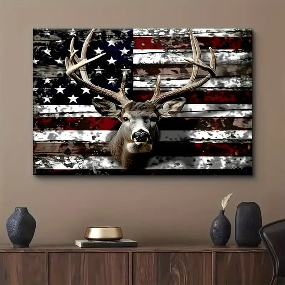2D Flat, 1pc Rustic American Flag & Deer Hunting Art Poster - Thick Wood Framed Waterproof Canvas Wall Decor, Patriotic Wildlife Stag (Male Deer) with Antlers - Farmhouse, for Cave