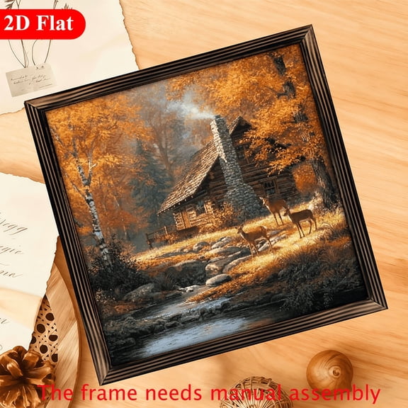 2D Flat, 1pc Rustic Autumn Scene Wooden Wall Decor - 12x12 inch Cozy Log Cabin with Deer Family Artwork, Perfect Gift for Nature Lovers, Vintage Wall Plaque for Living Room, Bedroom, Farmhouse S