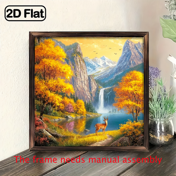 2D Flat, 1pc Rustic Autumn Waterfall Landscape with Deer Wooden Wall Art - 8x8 Inch Recycled Wood Frame, Vibrant Fall Foliage Mountain Scene, Easy Hang Farmhouse Decor for Living Room