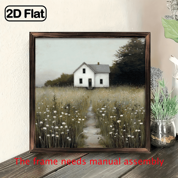 2D Flat, 1pc Rustic Barn with Wildflowers Framed Wood Sign - 8x8 Inch Vintage Farmhouse Wall Art for Home, Bedroom, Living Room, or Bathroom Decor - Ideal Housewarming Holiday Gift, Country Farmho