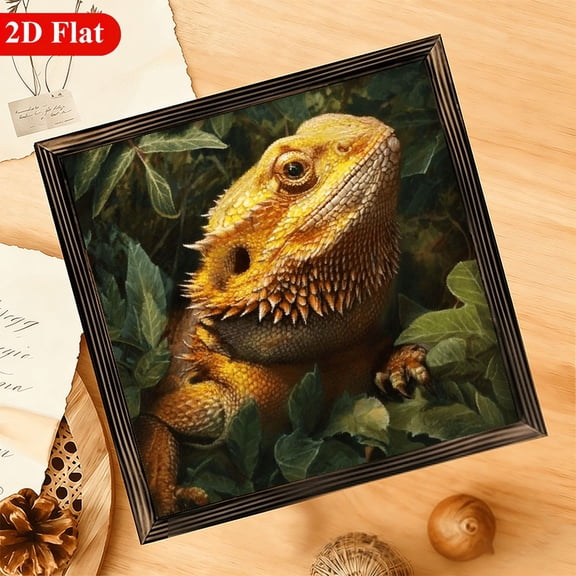 2D Flat 1pc Rustic Bearded Dragon Lizard in Lush Jungle Leaves Wooden Wall Art Sign, 12x12 Inch Decorative Frame for Home, Window, or Garden Decor, No