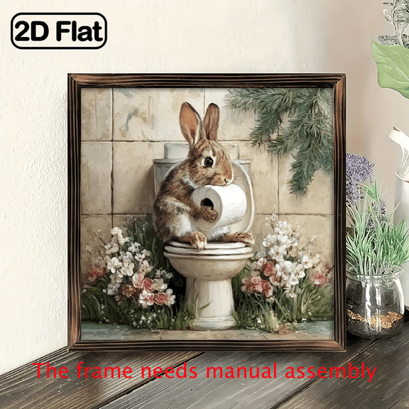 2D Flat, 1pc Rustic Bunny Rabbit on Toilet with Toilet Paper Wood Framed Wall Art Sign - 8x8in Farmhouse Bathroom Decor, Cute White Rabbit Painting for, Easter Gifts, Wood Frame