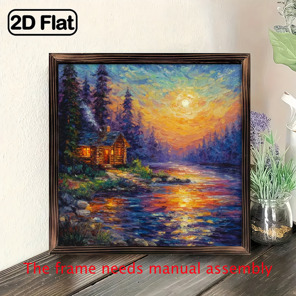 2D Flat, 1pc Rustic Cabin by the Lake Sunset Wall Art - 8x8in Wooden Framed Wood Print, Cozy Cabin Serene Lake Scene with Pine Trees, Mountains Lake, Farmhouse Style Wall Decor for Living Room