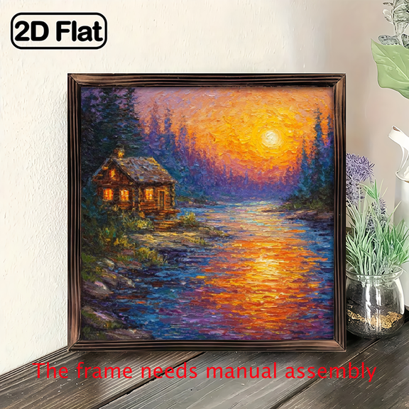 2D Flat, 1pc Rustic Cabin by the Lake Sunset Wall Art - 8x8inch Wooden Framed Print, Farmhouse Style Wall Decor for Living Room, Bedroom, Office - Vintage Nature-Themed Painting.