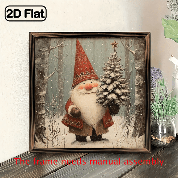 2D Flat, 1pc Rustic Christmas Gnome in Forest Decorative Sign - 'Winter Wondeland' Wooden Wall Art, 8x8 Inch Framed, Wood, Ideal for Home, Kitchen, Bedroom, Cafe, Perfect Holiday Gift, Gnome Chris