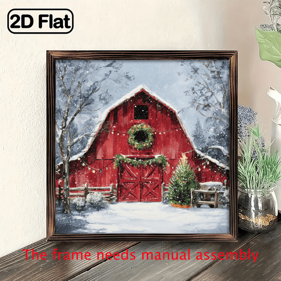 2D Flat, 1pc Rustic Christmas Red Barn Painting Wood Framed Sign - Vintage Farmhouse Winter Scene Wall Art, 8x8 Inch Artificial Wood Holiday Decor for Home, Kitchen, Christmas Gifts, No Electricit