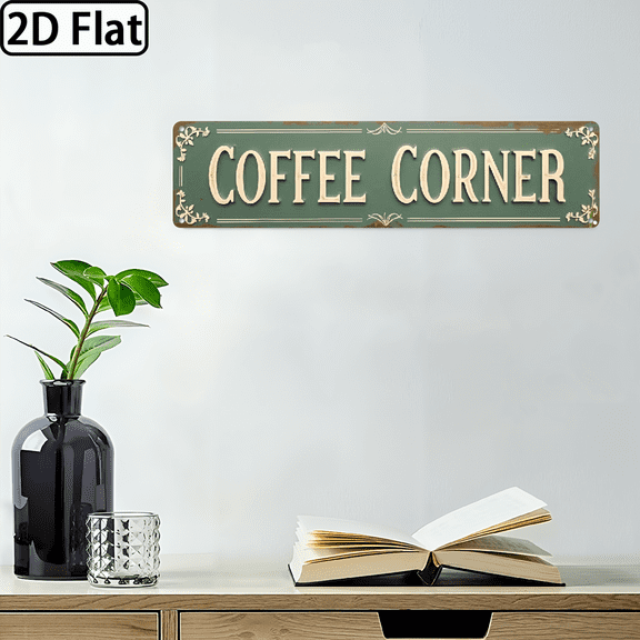 2D Flat, 1pc Rustic Coffee Corner Metal Sign - Vintage Wall Decor for Kitchen, Cafe, Home Bar - 16*4 Inch Durable Metal Art with Easy Wall Mount.