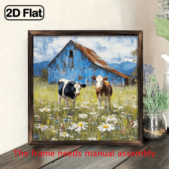 2D Flat, 1pc Rustic Country Cow Canvas Wall Art with Wooden Frame - 8x8inch Charming Dairy Cows Blue Barn Scene, Vibrant Wildflowers Lush Greenery, Farmhouse Decor for Bedroom.