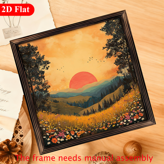 2D Flat - 1pc Rustic Country Sunset Art Wooden Sign, 12x12 Inch Wall Hanging Decorative Plaque for Home, Living Room, Garage, Bedroom, Garden Office - Multipurpose Inspirational Themed Decor, No E