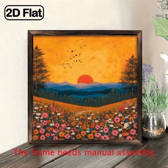 2D Flat - 1pc Rustic Country Sunset Art Wooden Sign, 8x8 Inch Wall Hanging Decorative Plaque for Home, Living Room, Garage, Bedroom, Garden Office - Multipurpose Inspirational Themed Decor