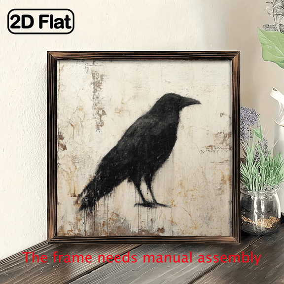 2D Flat - 1pc Rustic Crow Bird Wooden Frame Wall Art - Vintage Style 8x8 inch Decorative Sign for Living Room, Bedroom, Office, Farmhouse, Entryway, Vintage Wall DecorRustic Wall ArtWooden Frame S