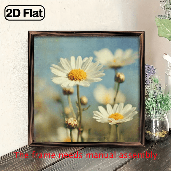 2D Flat, 1pc Rustic Daisy Field Art Wooden Sign - Framed Vintage White Daisies Painting, Farmhouse Wall Decor for Home, Garden, Cafe, Shelf, Desk - Outdoor Botanical Tabletop or Hanging Decoration