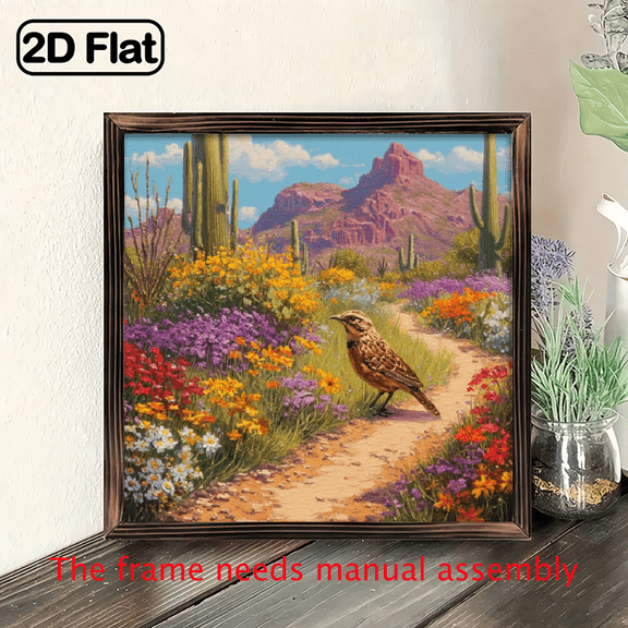 2D Flat, 1pc Rustic Desert Bird on Trail Wooden Frame Wall Art - Vintage Farmhouse Decor, 80x80 inch Artificial Wood Sign with Vibrant Wildflowers Cacti Landscape.
