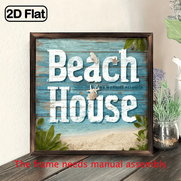 2D Flat, 1pc Rustic Distressed Beach House Wood Framed Sign - 8x8 Inch Coastal Wall Art with No Worries Allowed Quote, Recycled Wood Farmhouse Decor for Kitchen, Restaurant, Home - Perfect Gift