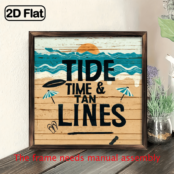 2D Flat, 1pc Rustic Distressed Tide Time Tan Lines Wood Framed Sign - 8x8 Inch Vintage Beach House Decor, Coastal Wall Art for Kitchen, Restaurant, Farmhouse - Recycled Wood, No Electricity, Perfe