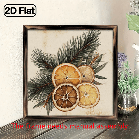2D Flat, 1pc Rustic Dried Lemon-Look Orange Pine Branches Wall Decor - Realistic Fruit Pine Wood Frame, Artificial Wood, Farmhouse Christmas Winter Decoration, 8x8 Inch.