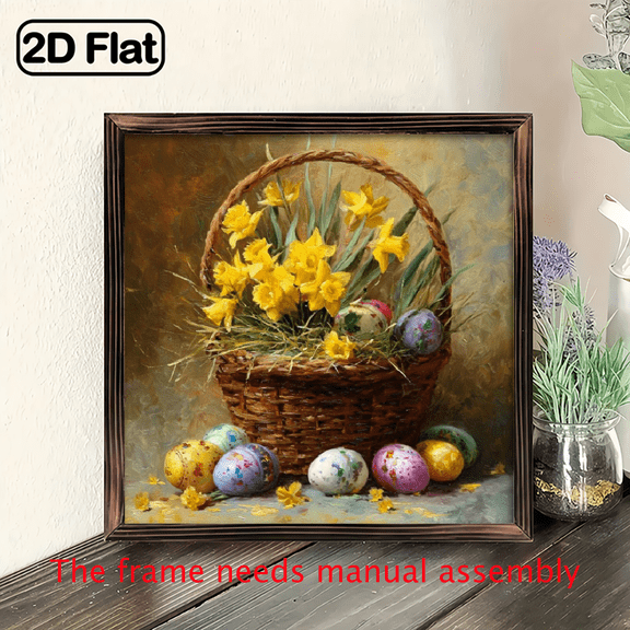 2D Flat, 1pc Rustic Easter Basket Wood Framed Sign with Painted Eggs - Spring Floral Egg Holder Wall Hanging Decor for Home, Kitchen, Bedroom - Artificial Wood Frame, Suitable for Easter Spring De