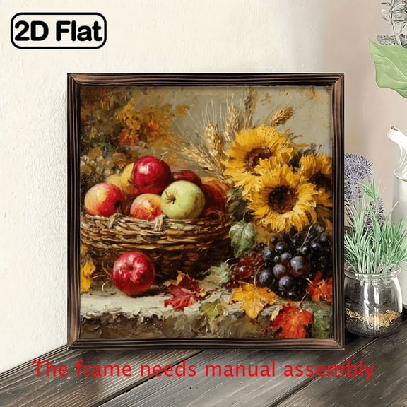 2D Flat 1pc Rustic Farmhouse Apple Basket Painting - Autumn Harvest Wall Decor with Sunflowers, Red Apples - Canvas Poster in Pine Wood Frame.wooden board painting