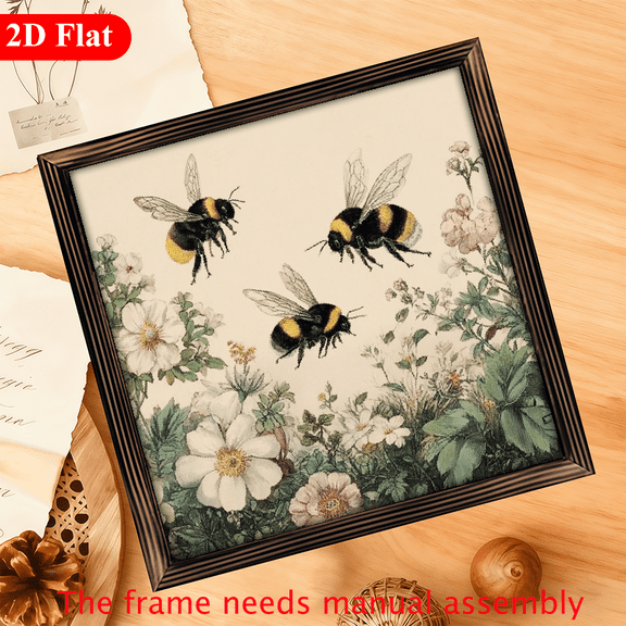 2D Flat, 1pc Rustic Farmhouse Bumblebees WhitePink Flowers Wall Hanging Sign - Wooden Framed Horizontal Decor, 12x12inch (suitable for Cmin Conversion) - Spring Easter Decoration for Bedroom, Porc