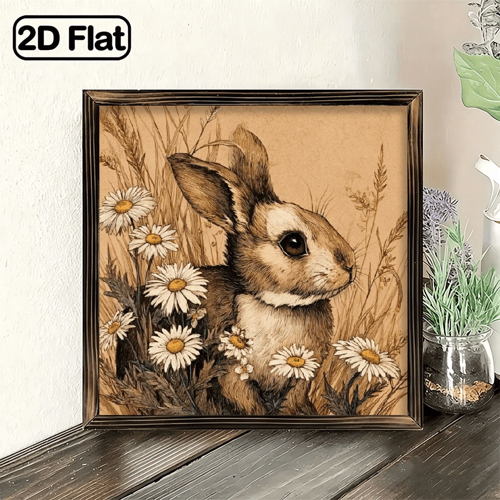 2D Flat, 1pc Rustic Farmhouse Bunny Among Daisies Wooden Wall Art Sign ...