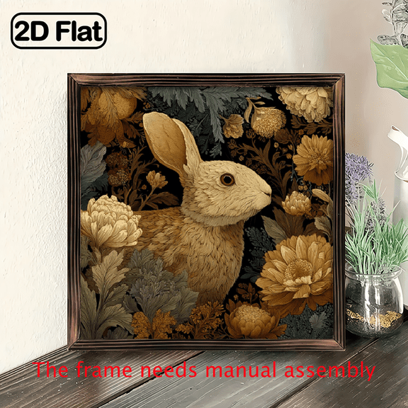 2D Flat, 1pc Rustic Farmhouse Bunny Floral Wood Wall Art - Artificial Wood Framed Rabbit Tulip Painting, Vintage Spring Nature Design with Dark -Green Foliage.8*8in.