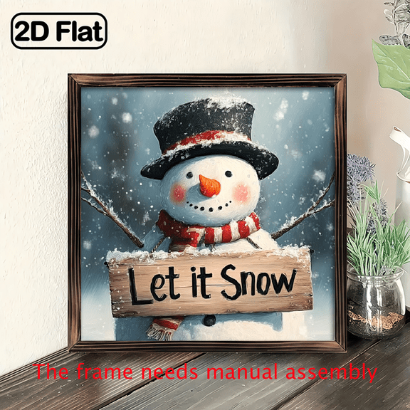 2D Flat, 1pc Rustic Farmhouse Christmas Snowman Let It Snow Wall Decor - with Top Hat - Dark blue red color scheme - Wood Sign - Easy Hang Pre-Drilled Holes - Farmhouse Holiday Decoration for Mant