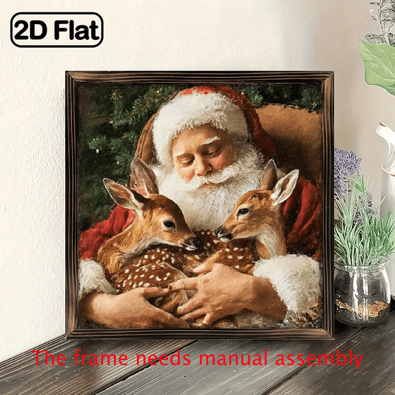 2D Flat 1pc Rustic Farmhouse Christmas Wall Art Santa Claus with Deer Pine Tree Painting, 8x8 Inch Wooden Framed Sign, Indoor Outdoor Holiday Decor for Bathroom.