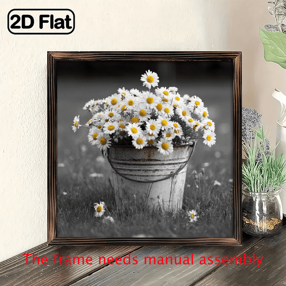 2D Flat, 1pc Rustic Farmhouse Daisy Flowers in Bucket Wall Art - Black Vintage Floral Painting with Wood Frame, 8x8 Inch Square Wall Decor for Living Room, Bedroom, Kitchen.