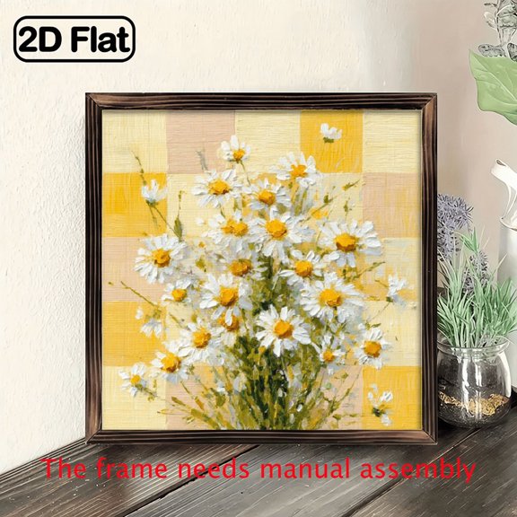2D Flat, 1pc Rustic Farmhouse Floral Wall Art - 8x8 Inch Wooden Framed Canvas Painting with Daisies Yellow Flowers, Contemporary Country-Style Decor for Bedroom, Living Room.