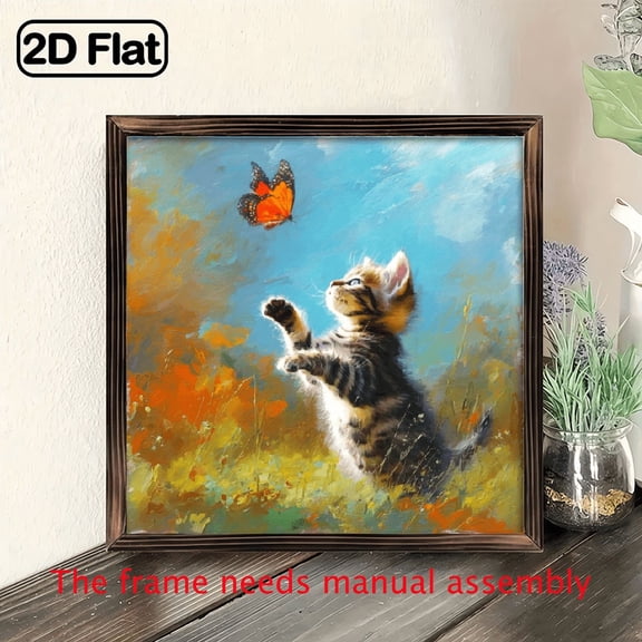 2D Flat, 1pc Rustic Farmhouse Framed Wall Art Print - Classic Kitten Butterfly Design, Recycled Engineered Wood Frame, 8x8 Inch, Vibrant Colors, Easy Hang Installation for Living Room, Bedroom