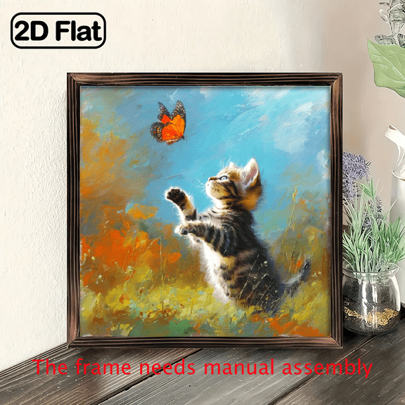 2D Flat, 1pc Rustic Farmhouse Framed Wall Art Print - Classic Kitten Butterfly Design, Recycled Engineered Wood Frame, 8x8 Inch, Vibrant Colors, Easy Hang Installation for Living Room, Bedroom
