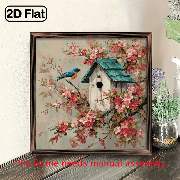 2D Flat, 1pc Rustic Farmhouse Framed Wall Picture - Vintage Wooden House with Bird Botanical Branches Painting, Suitable for,, Housewarming Gift for Nature Lovers,20x20 cm Photo Frame for Home O