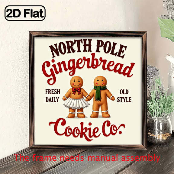 2D Flat, 1pc Rustic Farmhouse Gingerbread Cookie Sign Wall Art - Wooden Christmas Decor with North Pole Gingerbread Co, Design, Perfect for Kitchen Holiday Home Decoration, Seasonal Plaque, Seaso