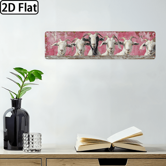 2D Flat, 1pc Rustic Farmhouse Goat Wall Art Plaque - 4x16 Inch Vintage Chipped Paint Metal Sign with White Black Goat Design on Pink Background, Durable Aluminum Country Kitchen Garden Decor.