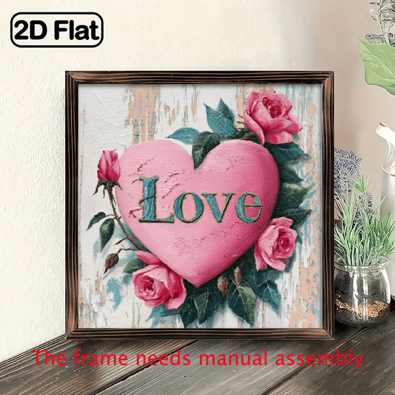 2D Flat, 1pc Rustic Farmhouse Love Wall Plaque with Roses Heart Frame - Wood 8x8 Inch Suitable for Valentine's Day, Mother's Day, Father's Day Decorative Sign - Wood Grain for, Kitchen, Office, Ca