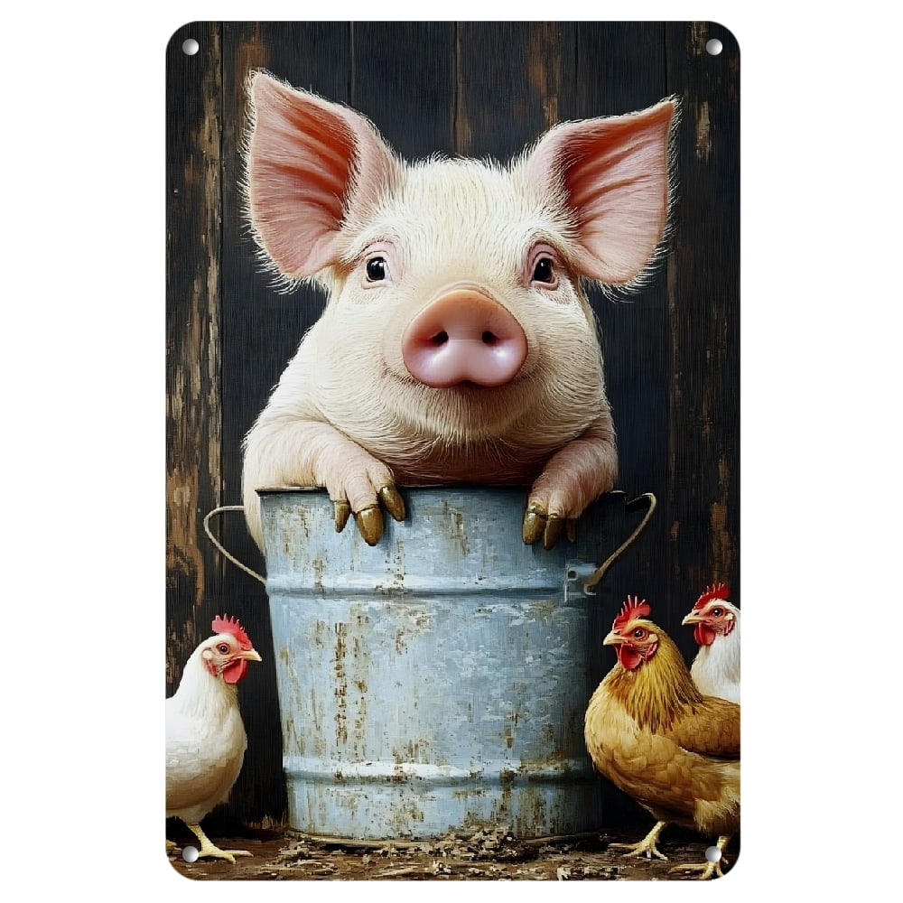 [2D Flat]1pc Rustic Farmhouse Pig & Chickens Iron Wall Art Sign - 8x12 ...