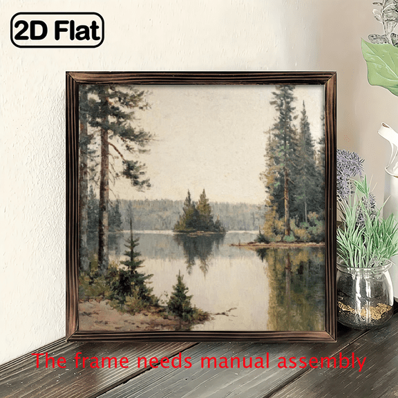2D Flat 1pc Rustic Farmhouse Pine Tree Forest Landscape Wooden Wall Art Sign - 8x8 Handcrafted Wood Vintage Lakeside Sunset Nature Scene with Pine Trees Lake, Earthy Hues Finish Horizontal Wall