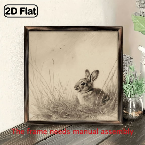 2D Flat, 1pc Rustic Farmhouse Rabbit Wall Art - 8x8 Inch Wooden Frame Sign with Vintage Rabbit Illustration, Perfect for Bedroom, Kitchen, Bathroom, Office Living Room Decor Ideal Gift or House.