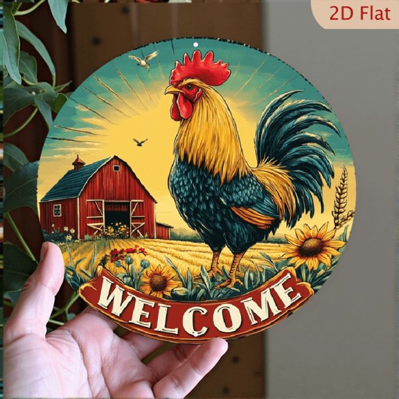 2D Flat, 1pc Rustic Farmhouse Rooster Welcome Sign - 8*8inch_ Aluminum Round Wall Decor, Vibrant Multicolor with Country Charm for Home, Garden, Outdoor Spaces - Inviting Warm Ambiance